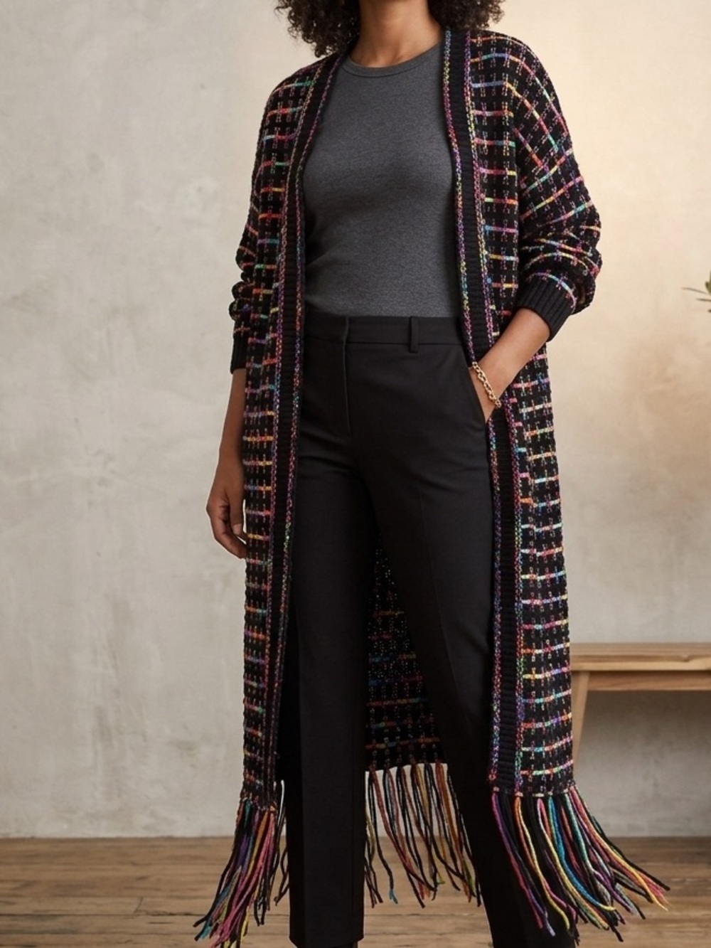 Multicolor‎ Fringe Long Open-Front Bohemian Women's Sweater Cardigan Size XXL